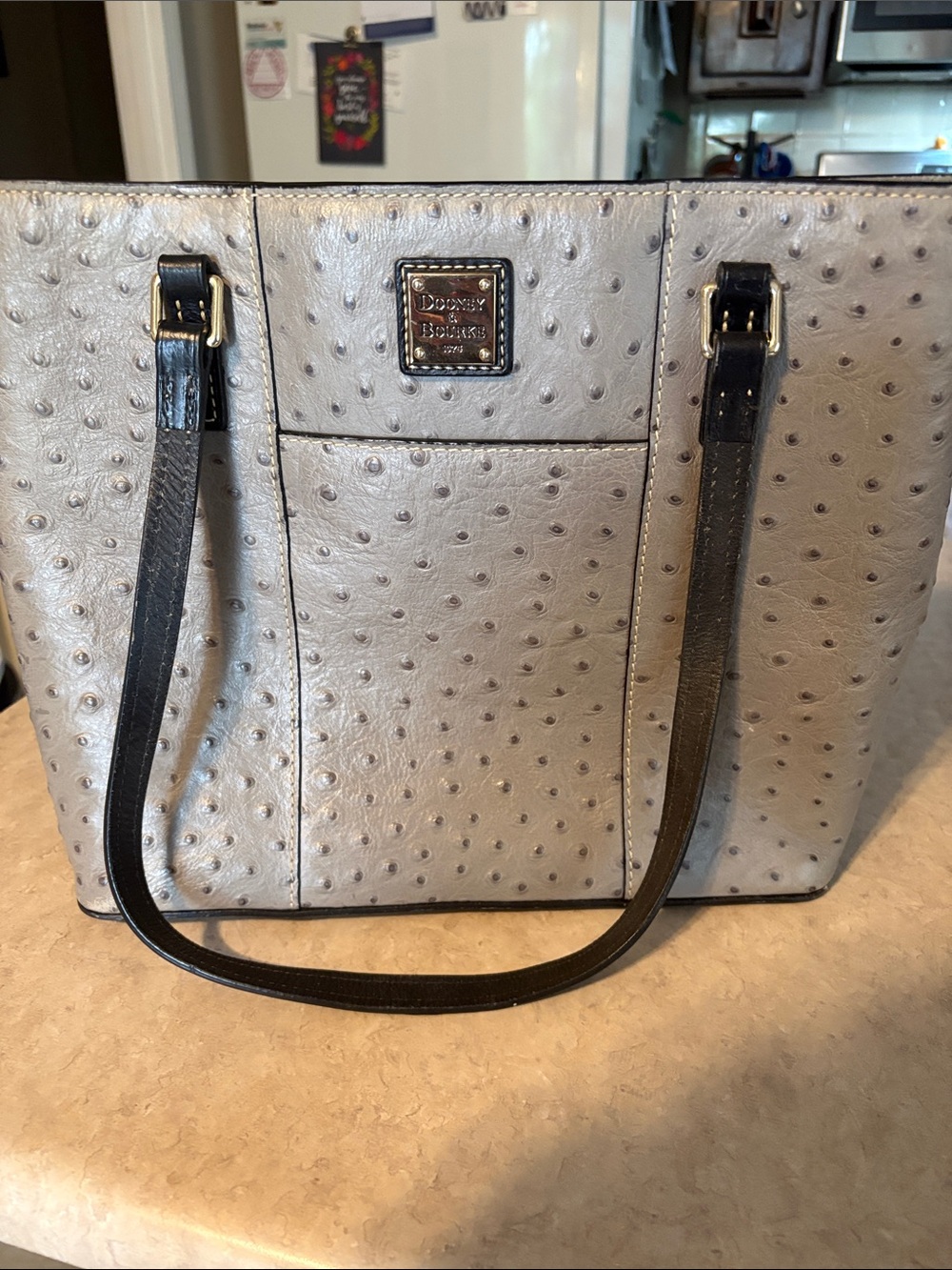 Dooney & Bourke Silver Ostrich-Embossed Tote with Black Straps
